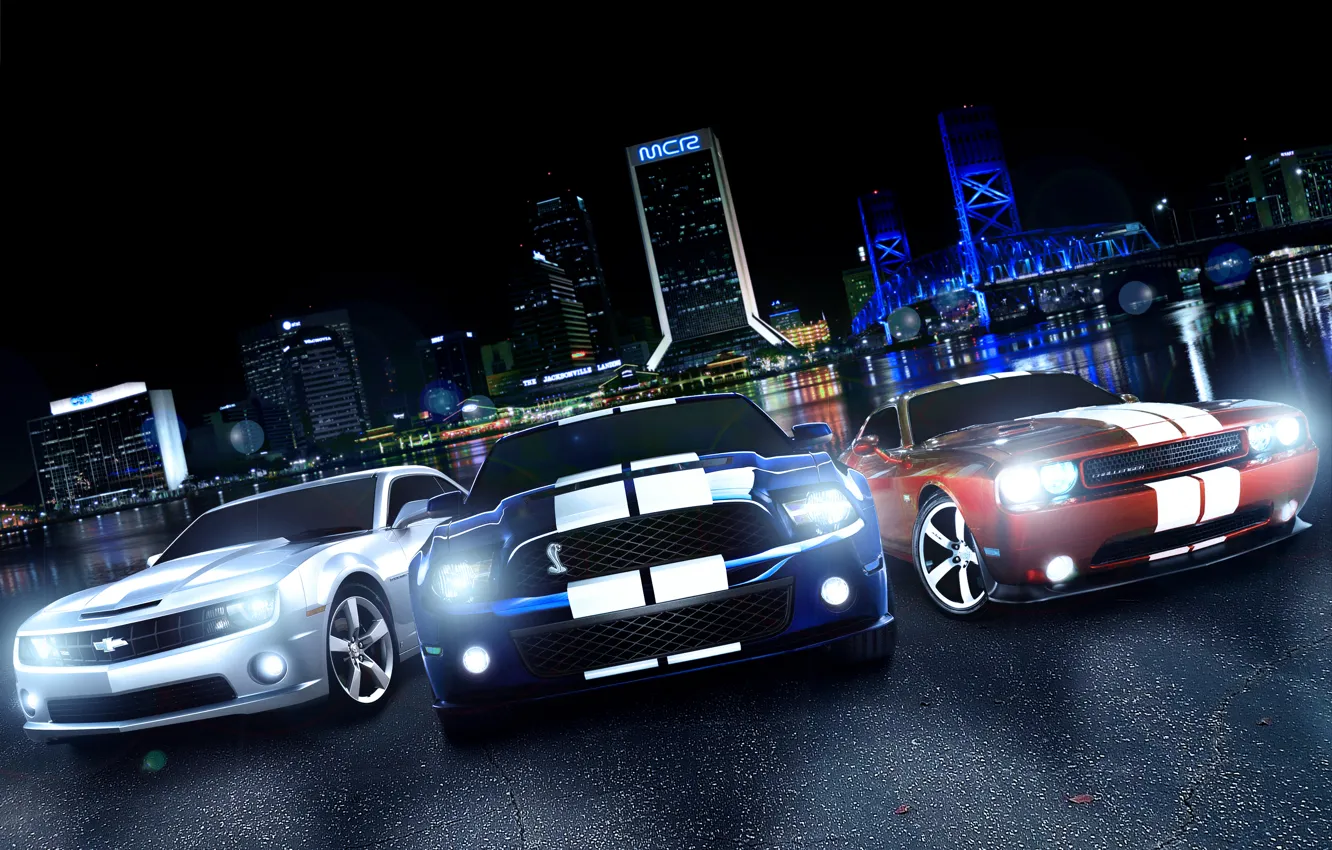 Фото обои Dodge Challenger, ford mustang, muscle car, Chevrolet Camaro