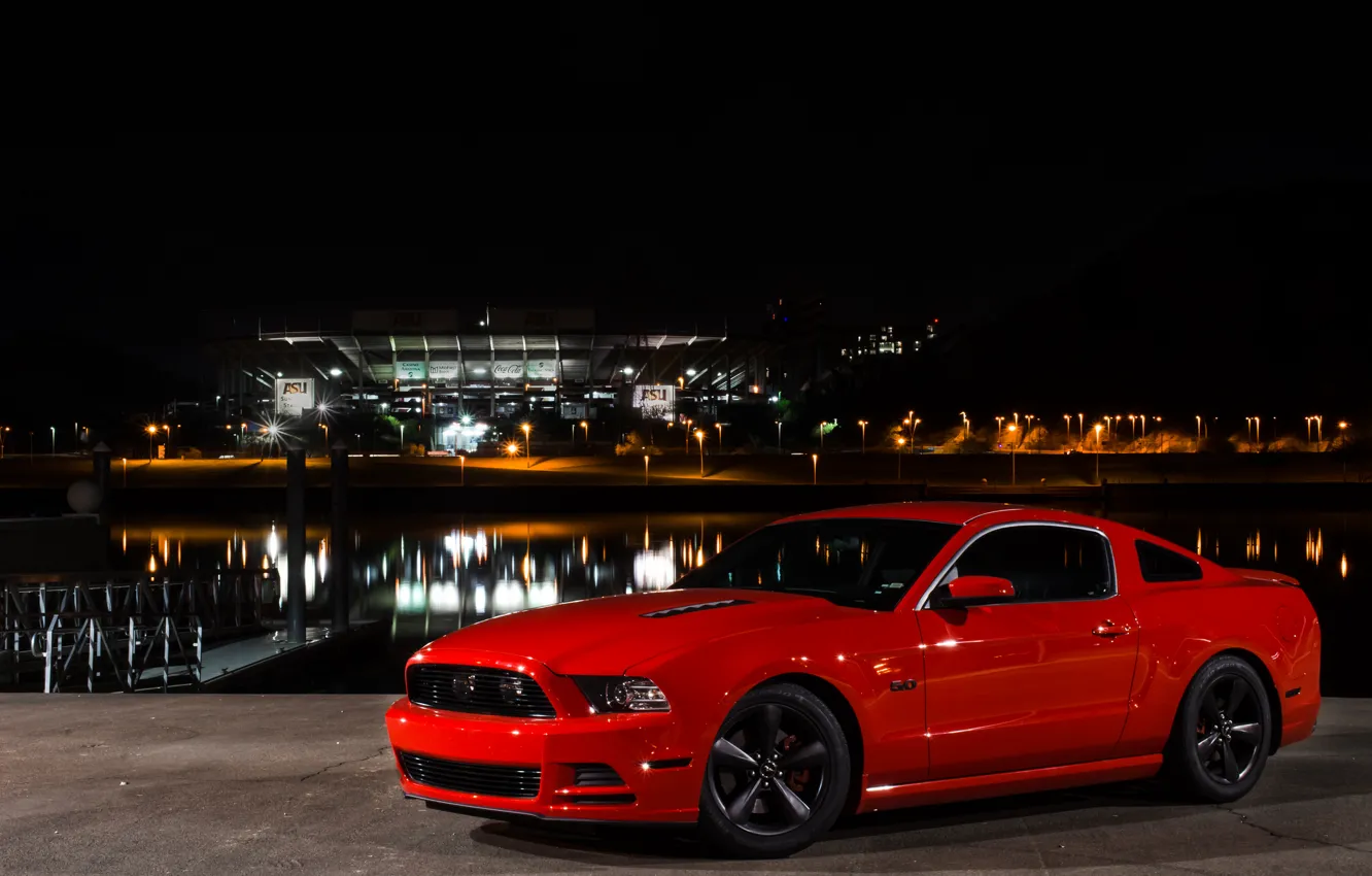 Фото обои Mustang, Ford, Light, Red, Front, Night