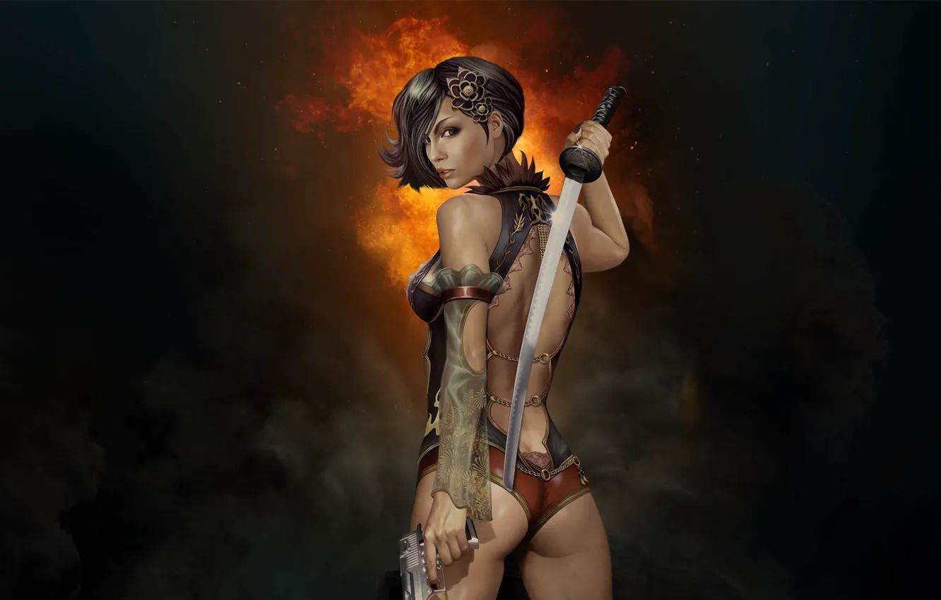 Фото обои девушка, пистолет, оружие, дым, меч, катана, клинок, Gunblade Saga
