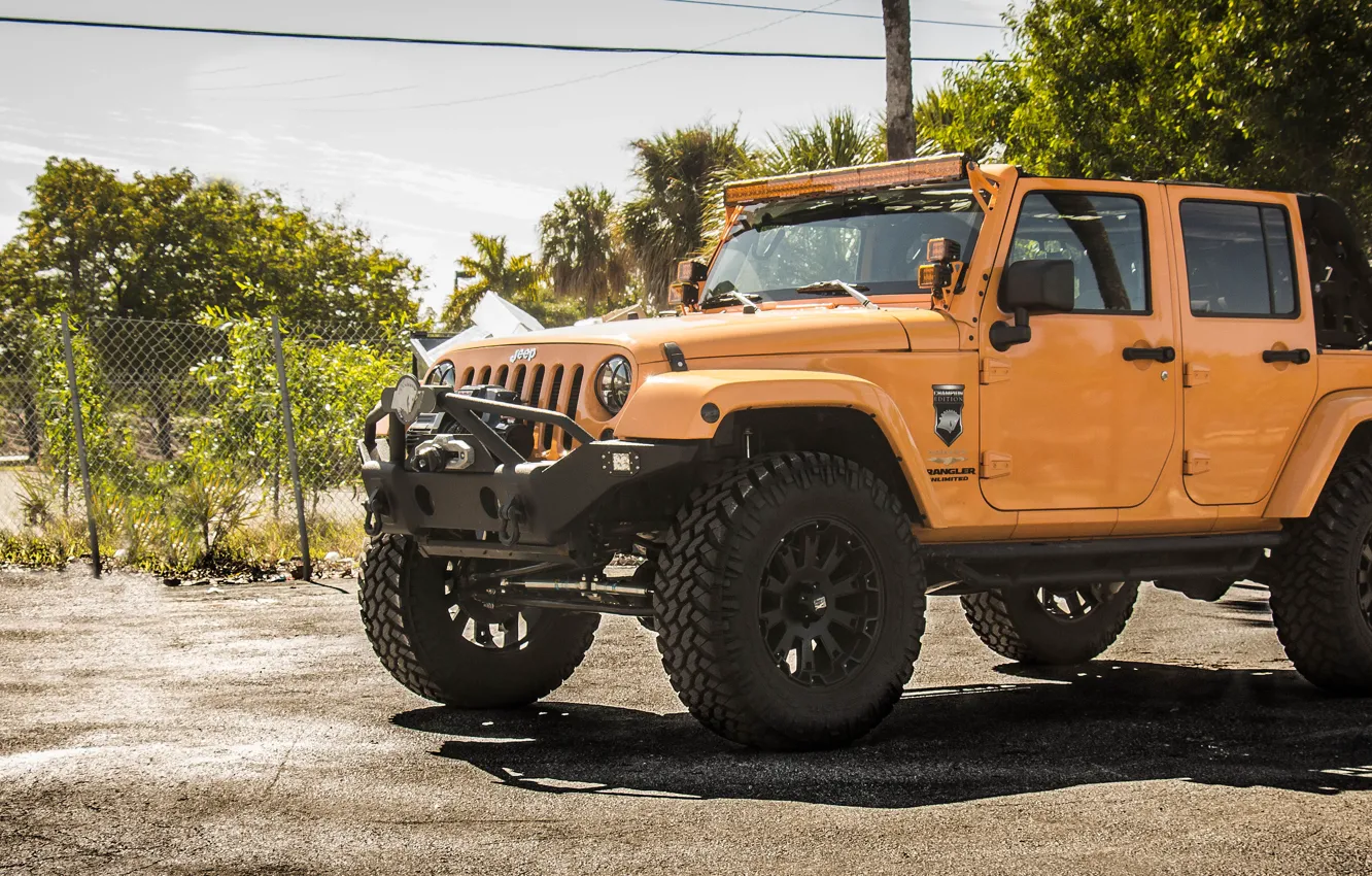 Фото обои wheels, monster, jeep, orange, 4x4, offroad, jeep wrangler, big rims, tires, sahara