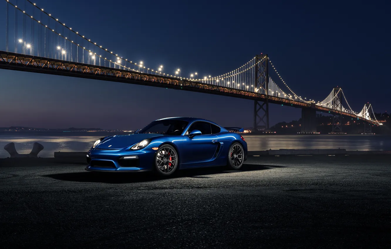 Фото обои 911, Porsche, Car, Blue, Front, Bridge, Night, Sport, GT4