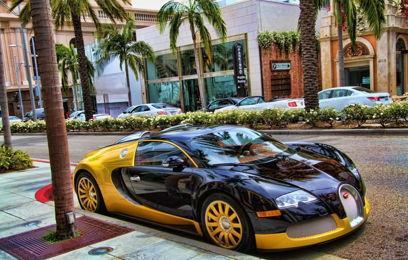 Фото обои Bugatti, Veyron, supercar, Black, Street, Yellow
