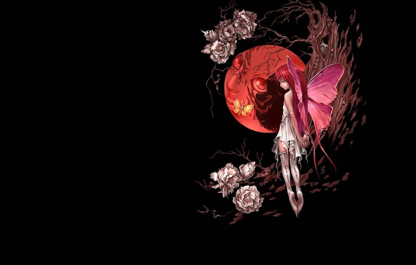 Фото обои цветок, девушка, фентези, фантазия, дерево, сова, луна, бабочка, крылья, сказка, месяц, фея