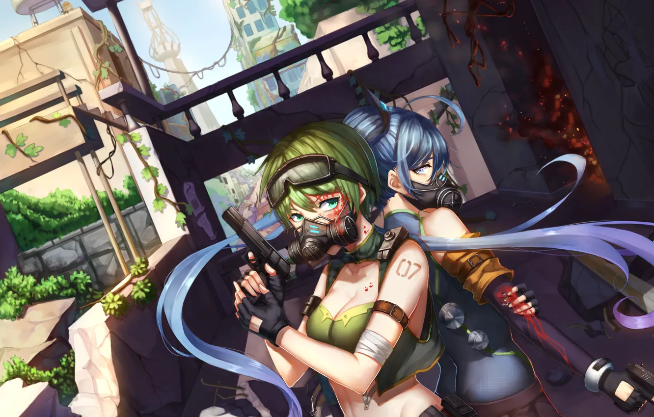 Фото обои оружие, девушки, аниме, арт, противогаз