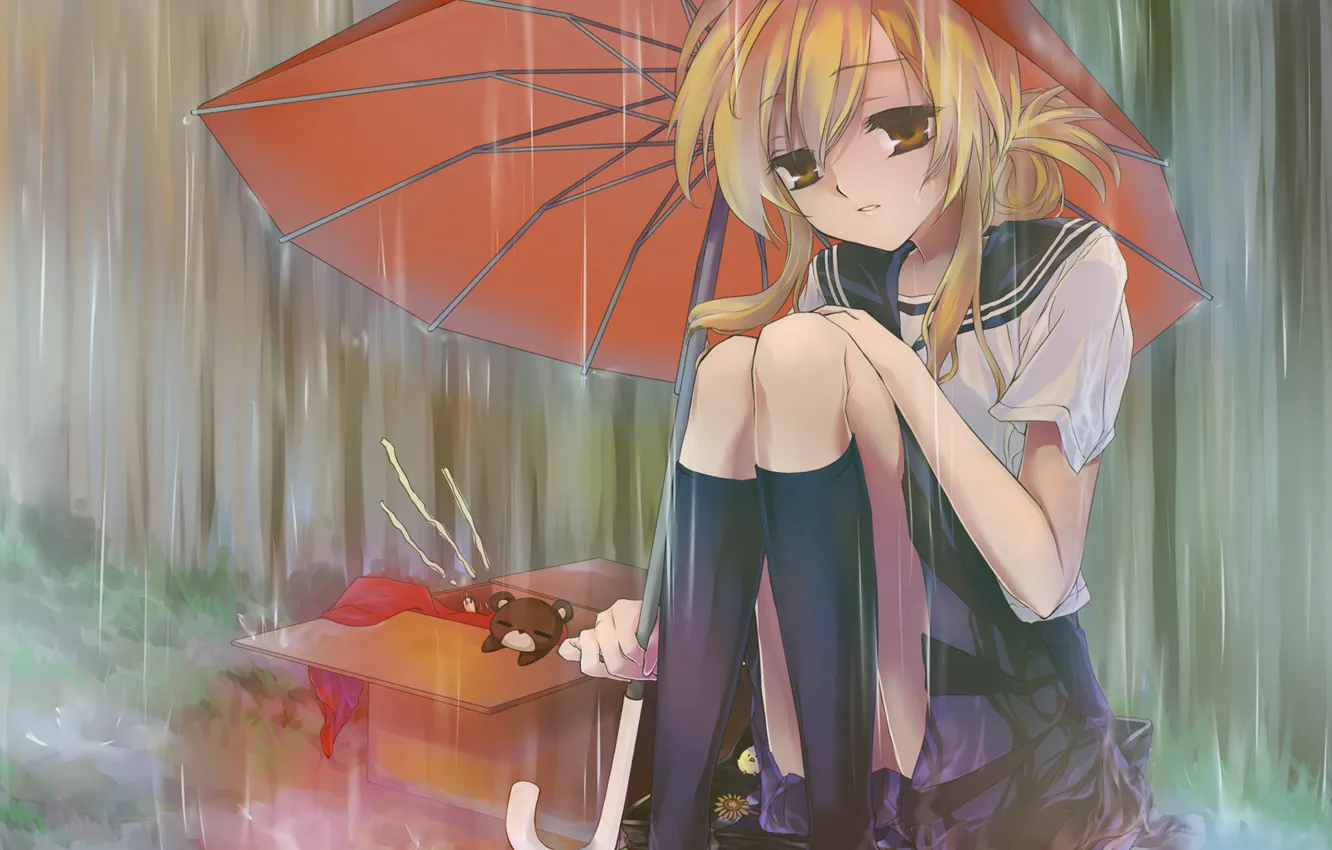 Фото обои дождь, настроение, зонт, аниме, арт, девочка, Nyan Koi