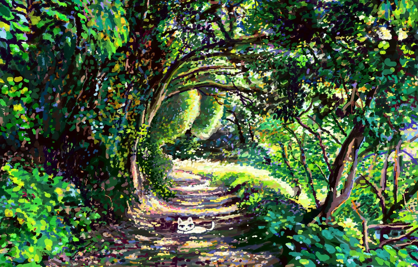 Фото обои дорога, кот, листья, деревья, природа, тень, арт, hikarinotubu