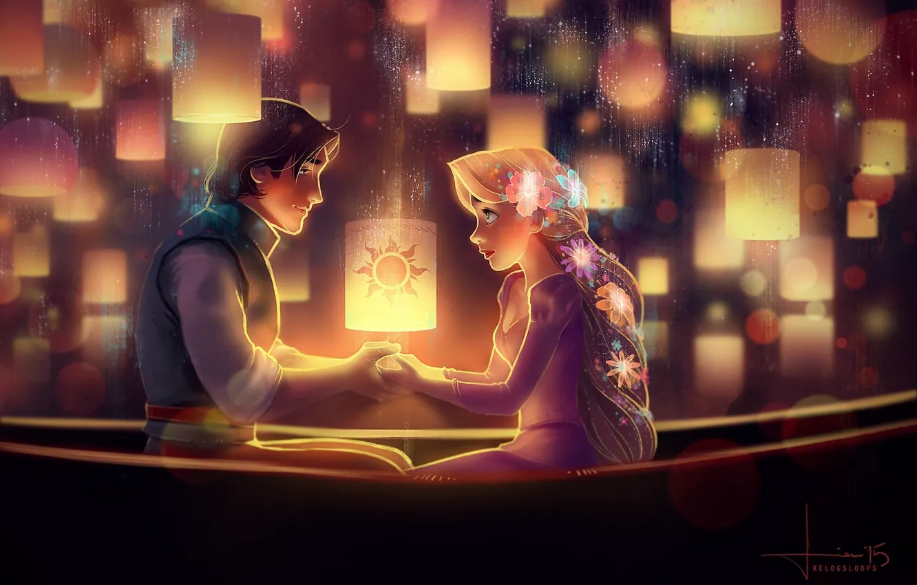 Фото обои девушка, цветы, ночь, арт, Рапунцель, парень, двое, фонарики, Rapunzel, Flynn Rider, kelogsloops