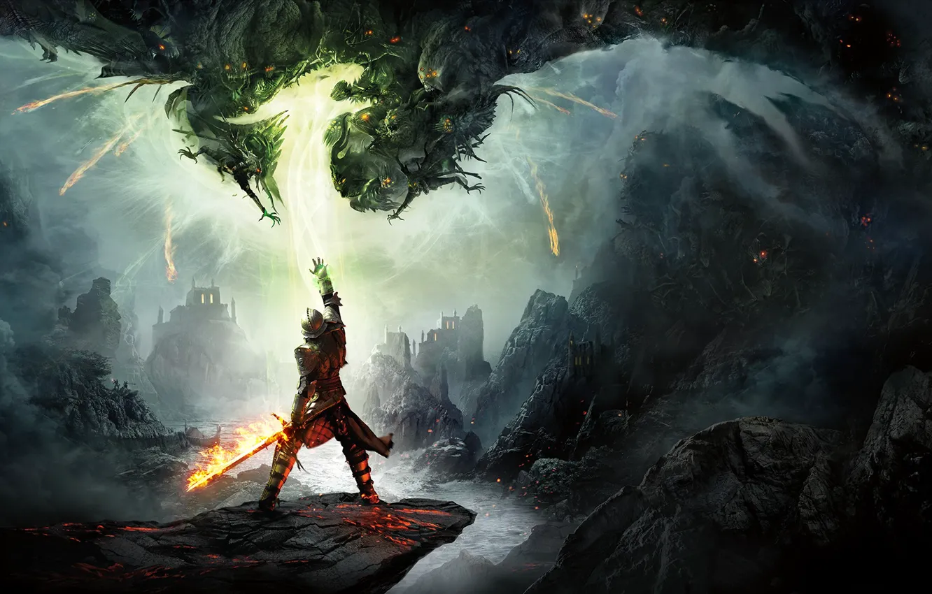 Фото обои горы, магия, игра, меч, доспехи, воин, BioWare, Electronic Arts, Dragon Age Inquisition