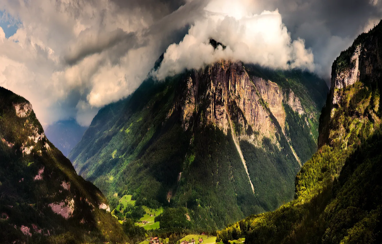 Фото обои лес, горы, тучи, вид, дома, Швейцария, долина, ущелье, Switzerland