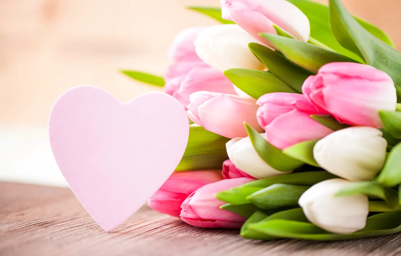 Фото обои цветы, сердце, букет, тюльпаны, розовые, белые, сердечко
