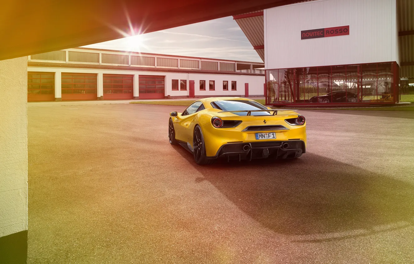 Фото обои авто, желтый, Ferrari, феррари, вид сзади, Rosso, Novitec, 488 GTB