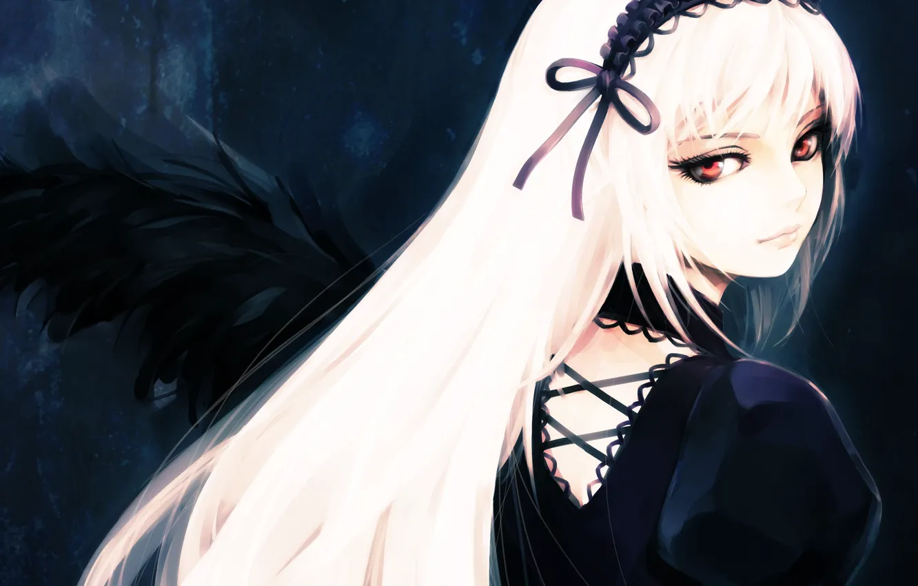 Фото обои взгляд, девушка, готика, крылья, демон, rozen maiden, suigintou, белые волосы, art, hironox