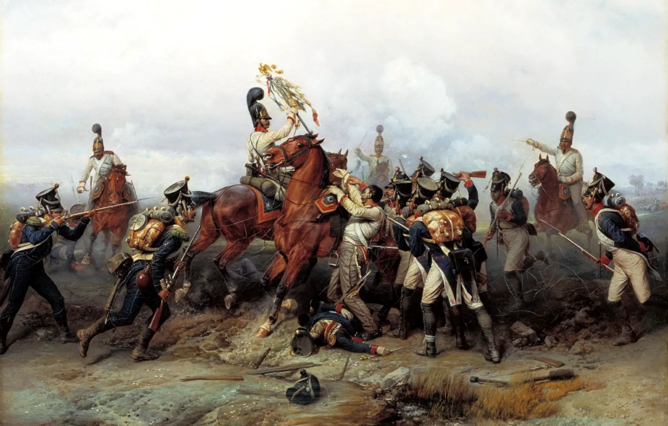 Фото обои люди, война, картина, лошади, сражение, живопись, холст, Аустерлиц, Виллевальде Богдан, 1805, подвиг конного полка
