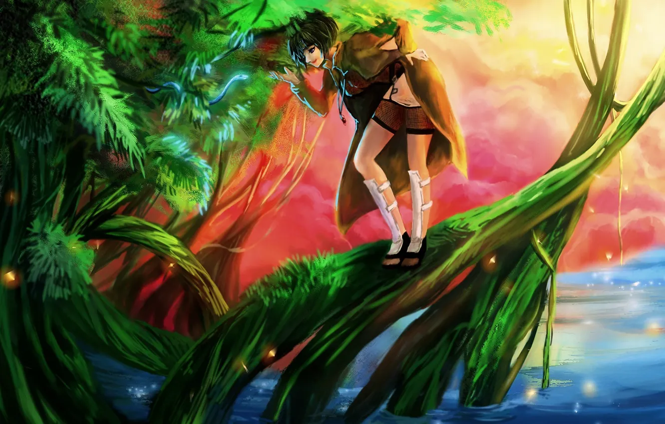 Фото обои вода, девушка, озеро, дерево, магия, змея, арт, naruto, RikaMello, mitarashi anko