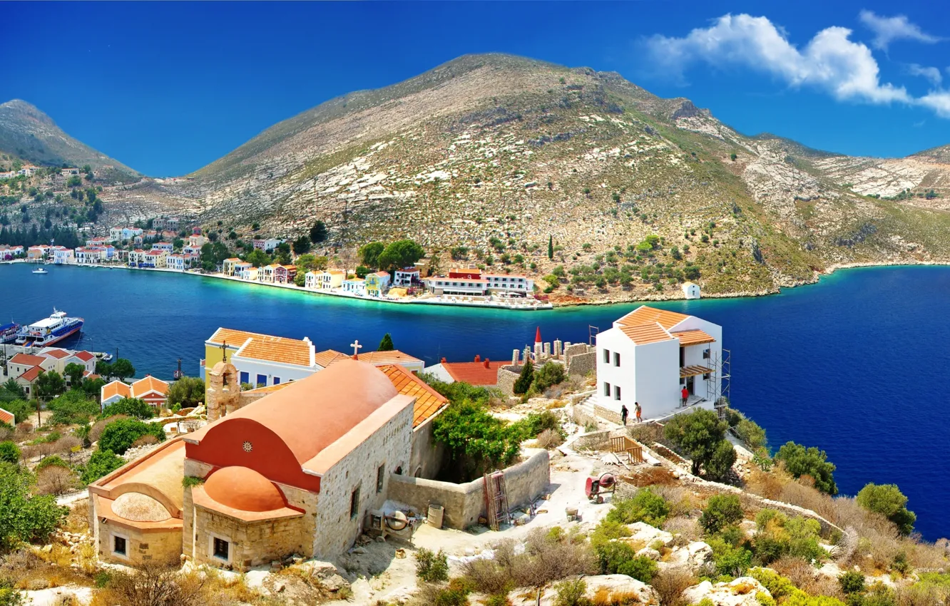 Фото обои море, деревья, горы, природа, камни, побережье, дома, Греция, склон, церковь, Greece