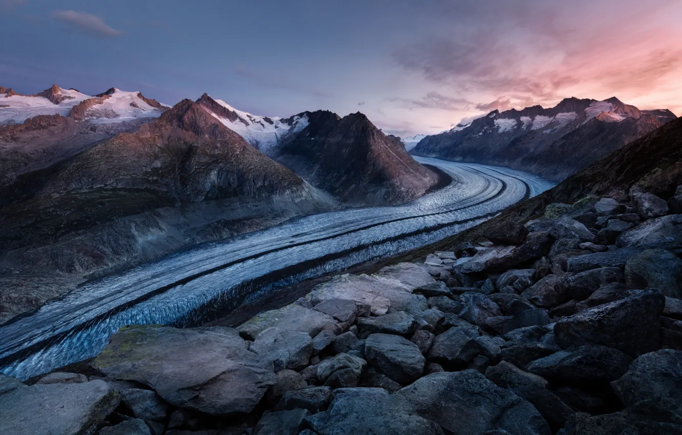Фото обои небо, снег, пейзаж, камни, скалы, Швейцария, ледник