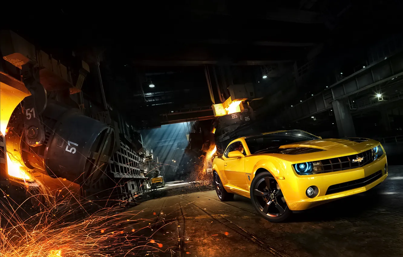 Фото обои Chevrolet, Muscle, Camaro, Car, Front, Yellow, Bumblebee, Sparks