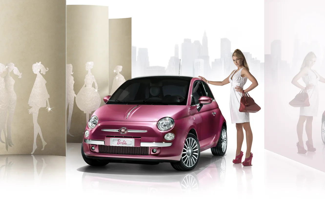 Фото обои девушка, Машины, в белом, Fiat 500, розовый авто
