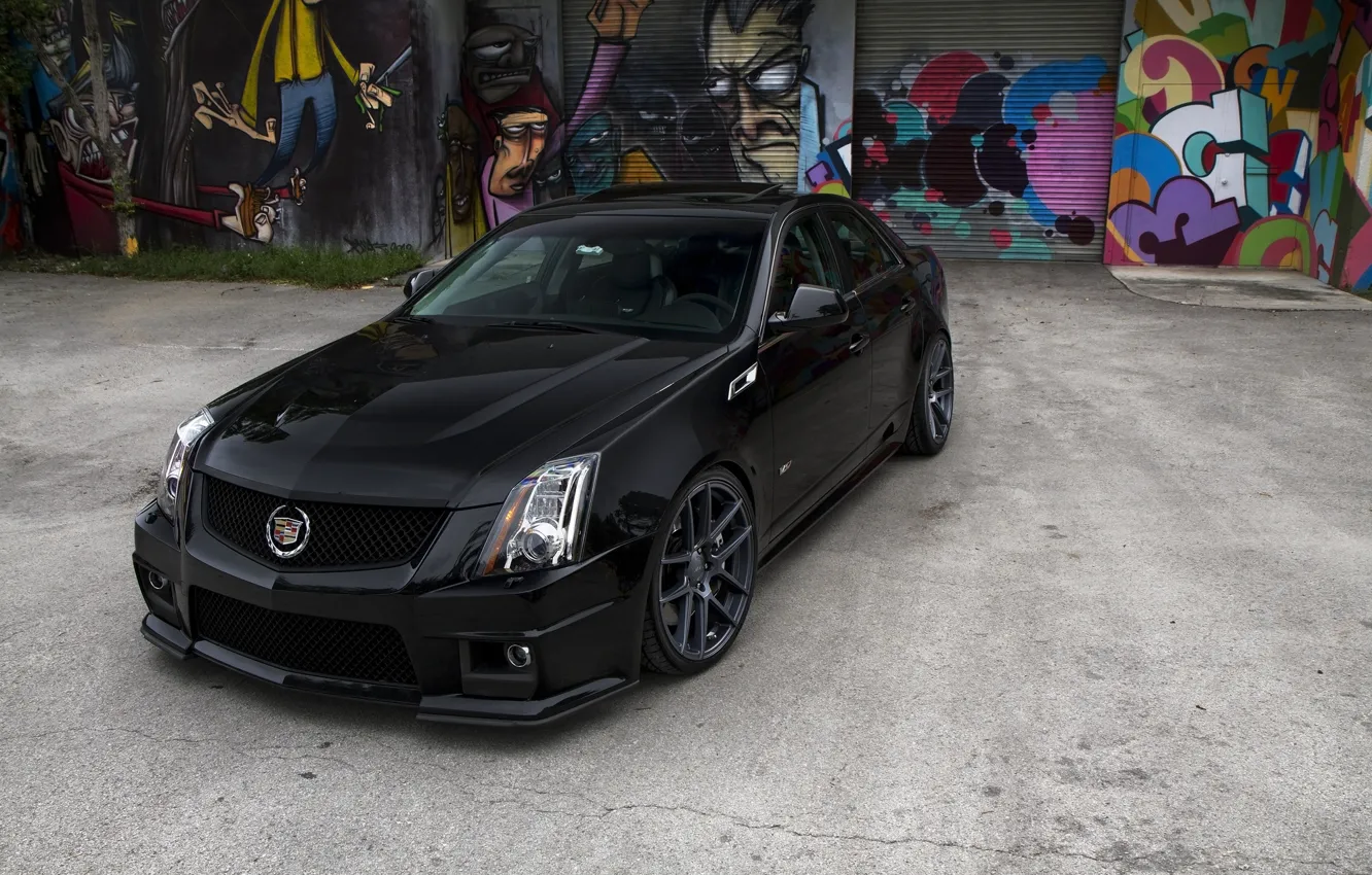 Фото обои чёрный, Cadillac, графити, black, CTS-V, кадилак