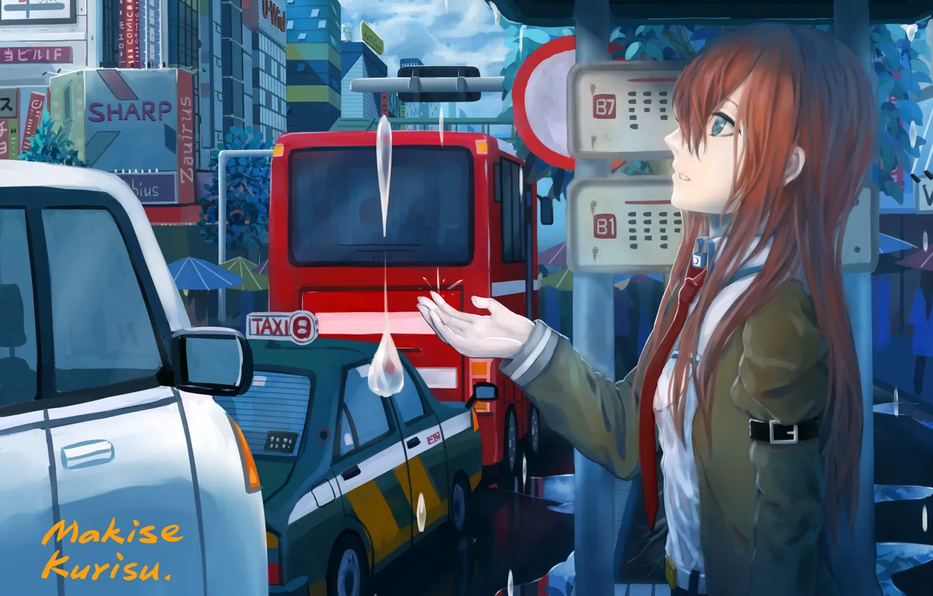 Фото обои взгляд, девушка, капли, город, автобус, автомобили, anime, art, остановка, makise kurisu, steins;gate