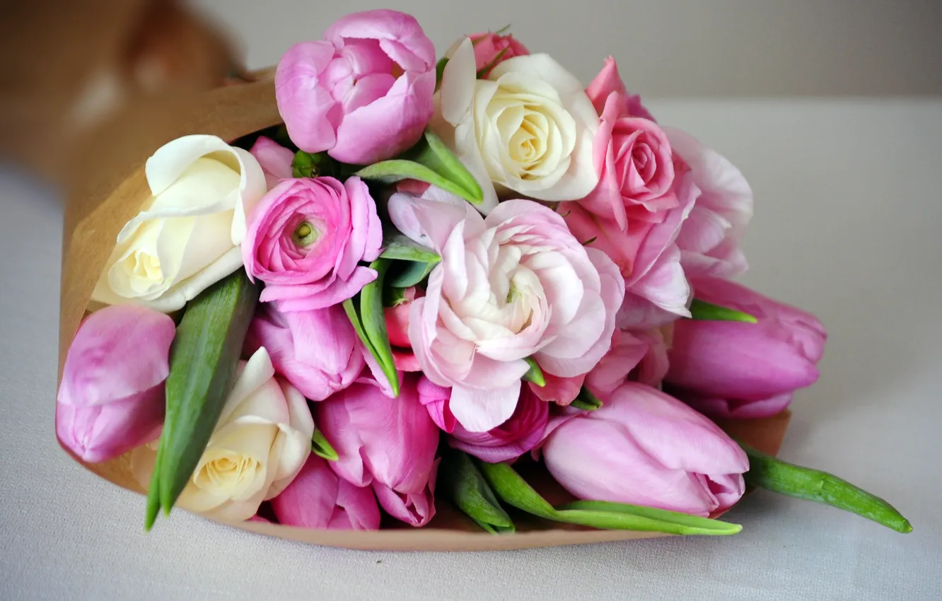 Фото обои букет, тюльпаны, розовые, пионы, лютики