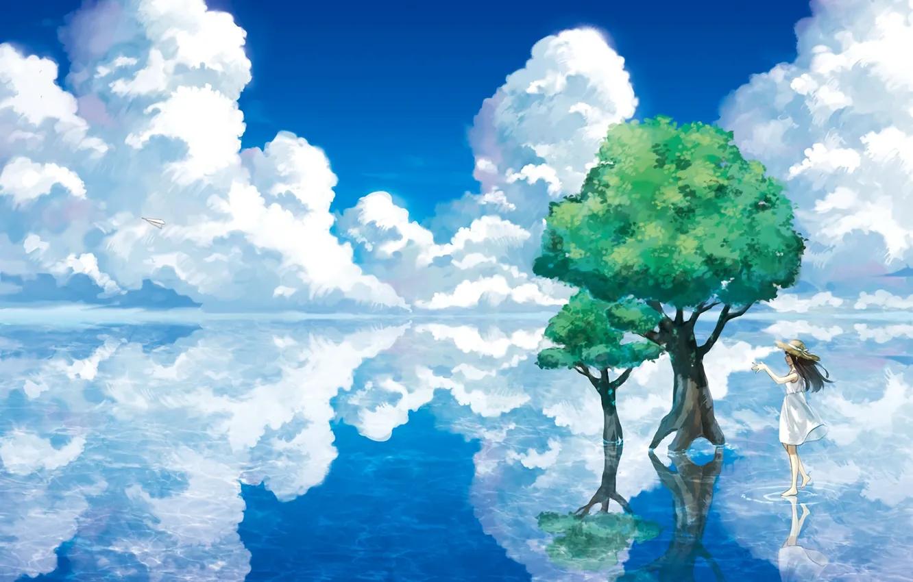 Фото обои вода, облака, деревья, пейзаж, озеро, отражение, шляпа, арт, девочка, бумажный самолетик