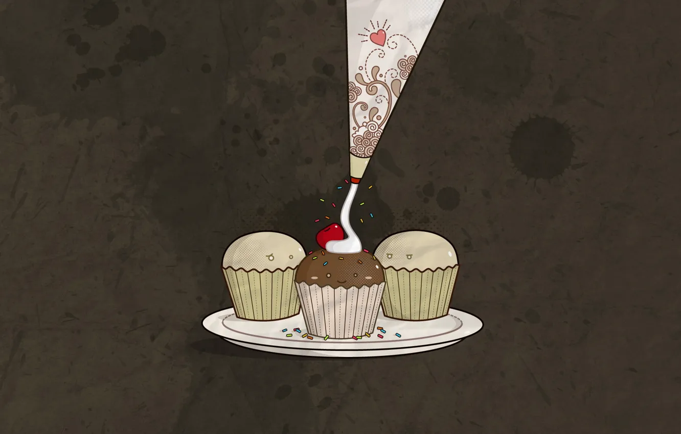 Фото обои вишня, минимализм, торт, крем, пирожные, коричневый фон