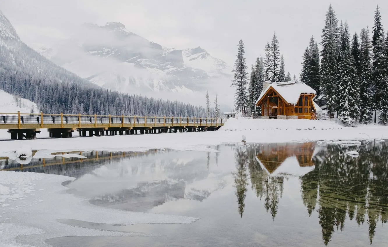 Фото обои зима, лес, снег, горы, домик, мостик