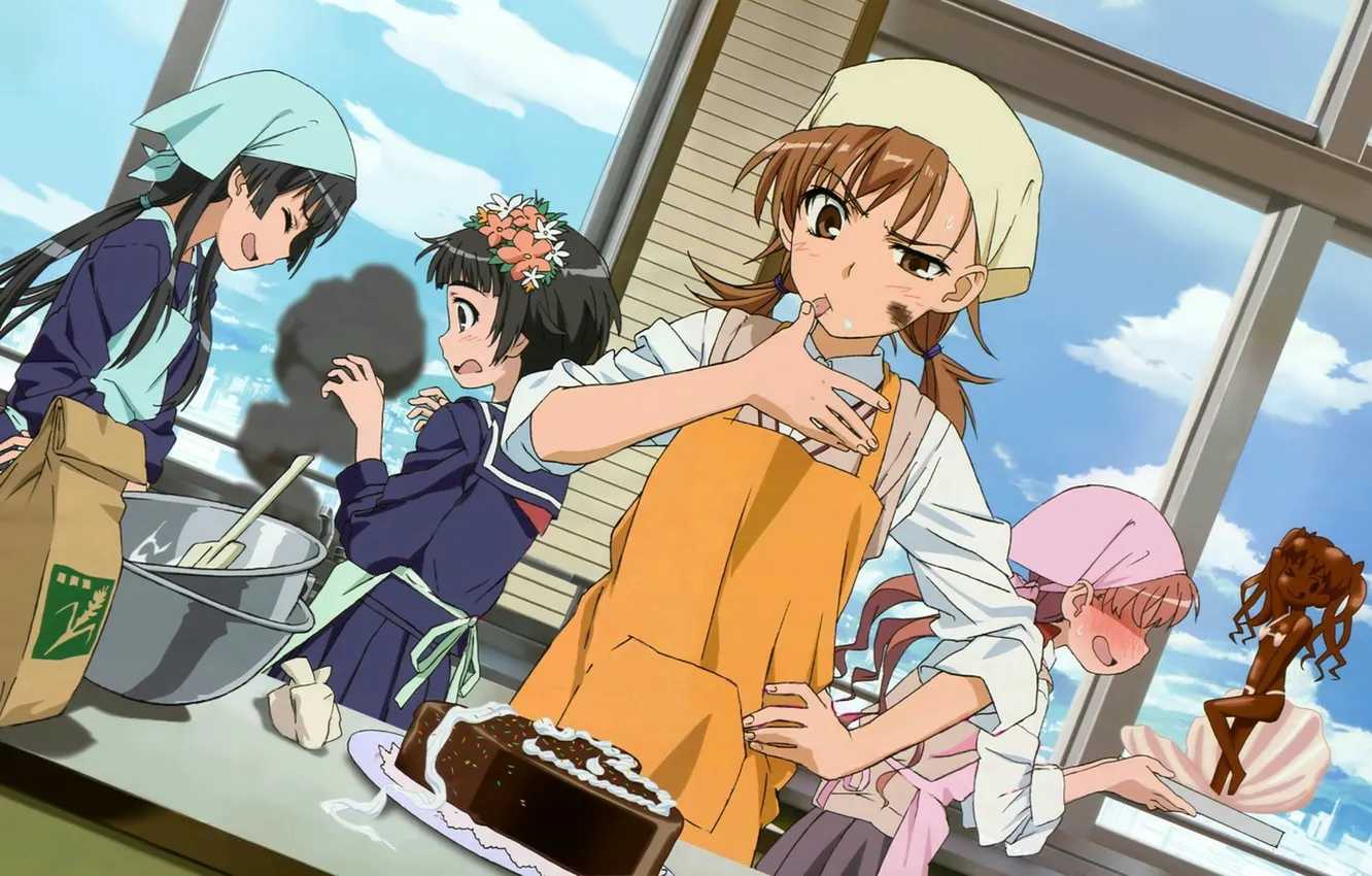 Фото обои кухня, девчонки, Toaru Kagaku no Railgun, готовка, Сираи Куроко, Микото Мисака, Кадзари Уихару, Руико Сатэн