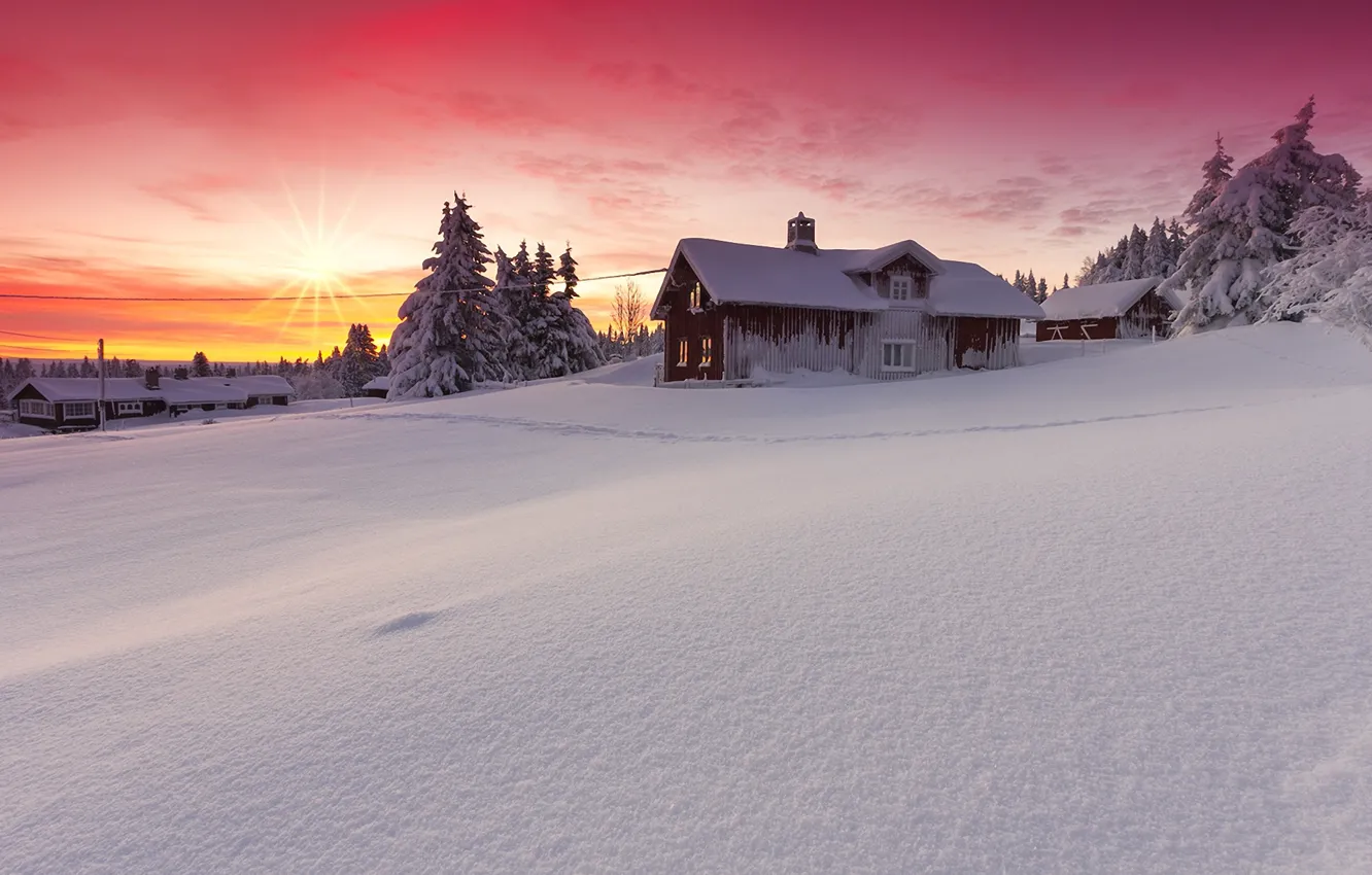 Фото обои зима, солнце, снег, пейзаж, природа, дом, рассвет, красота, Норвегия, Лиллехаммер