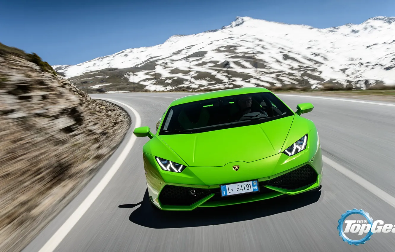Фото обои Lamborghini, Top Gear, Green, Front, Supercar, Huracan, LP610-4, Mountain Road