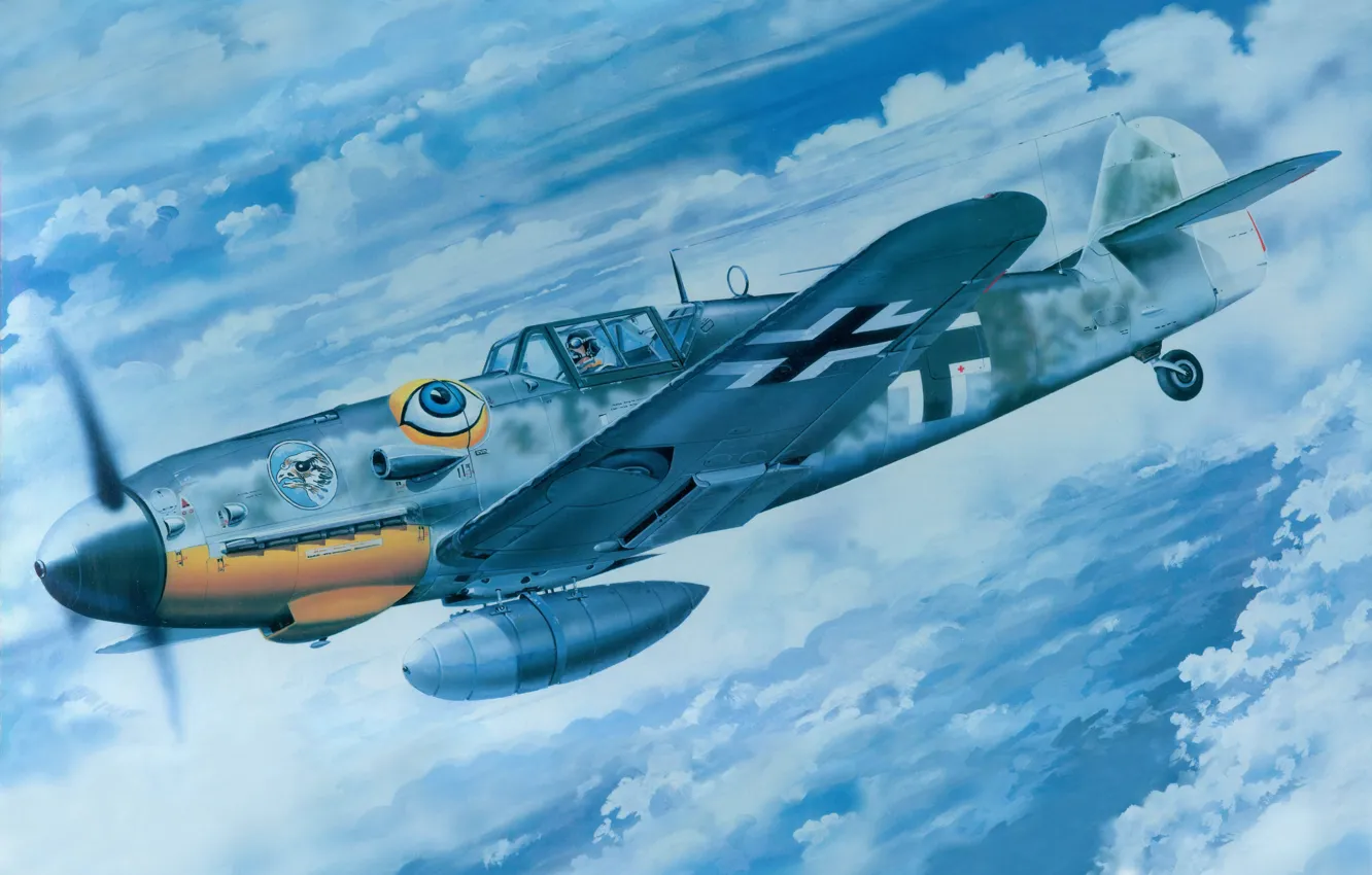 Фото обои небо, война, истребитель, Арт, Messerschmitt, немецкий, поршневой, одномоторный, Bf.109, G-6, JG 51