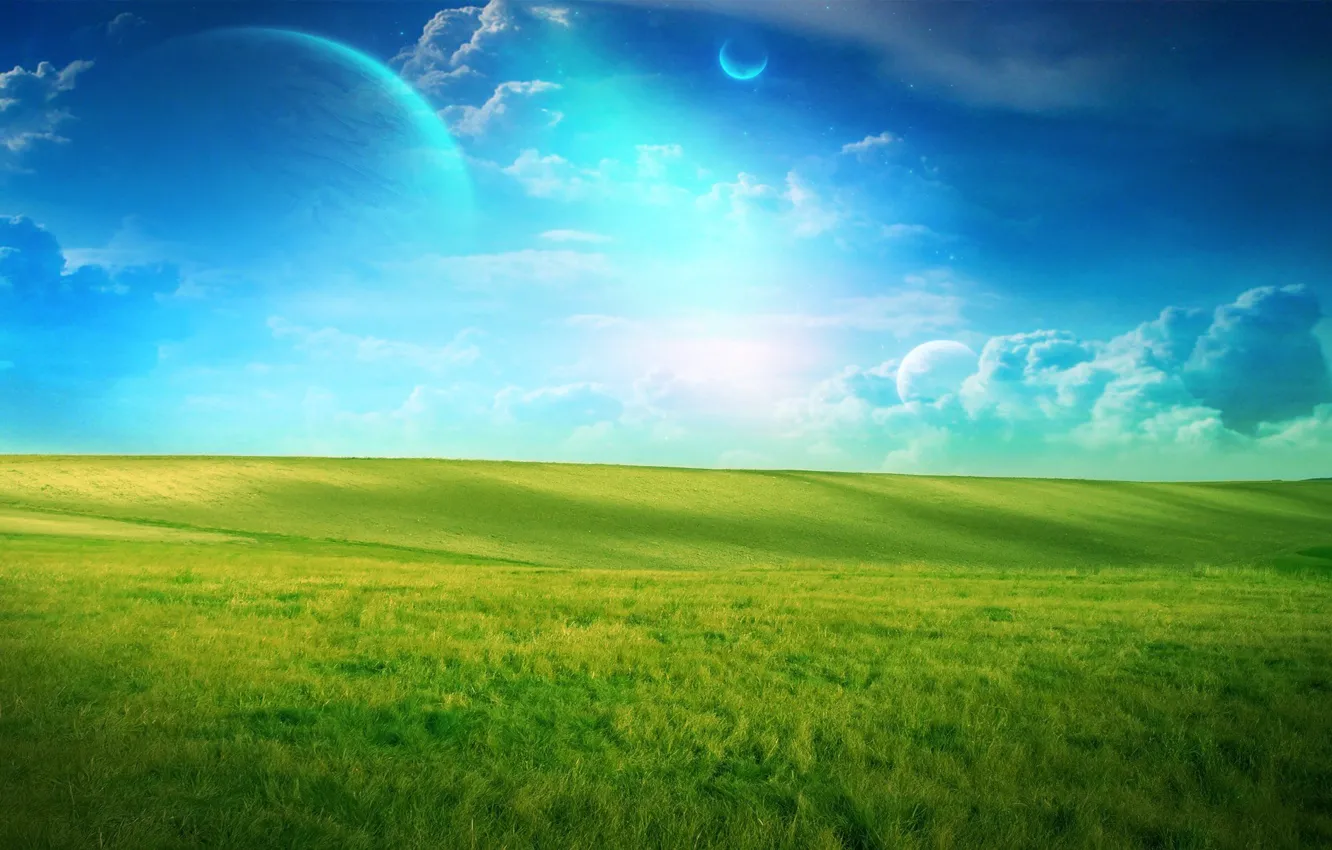 Фото обои поле, облака, зеленый, планета