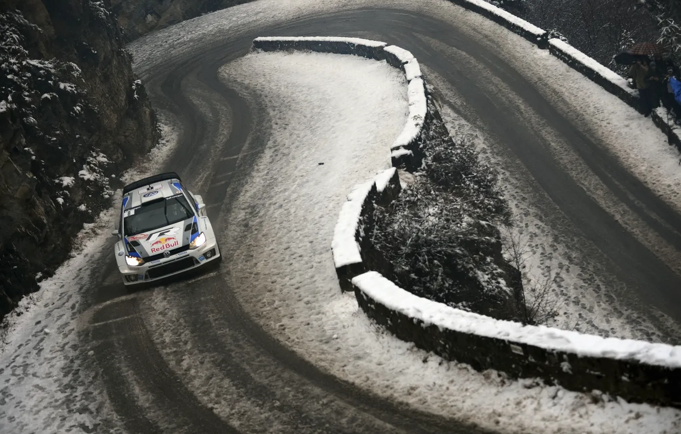 Фото обои Зима, Снег, Volkswagen, Red Bull, WRC, Ралли, Polo, Подъем