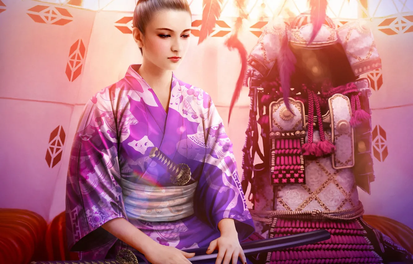 Фото обои девушка, меч, катана, арт, броня, кимоно, mario wibisono, legend of the five rings, utaku chikako
