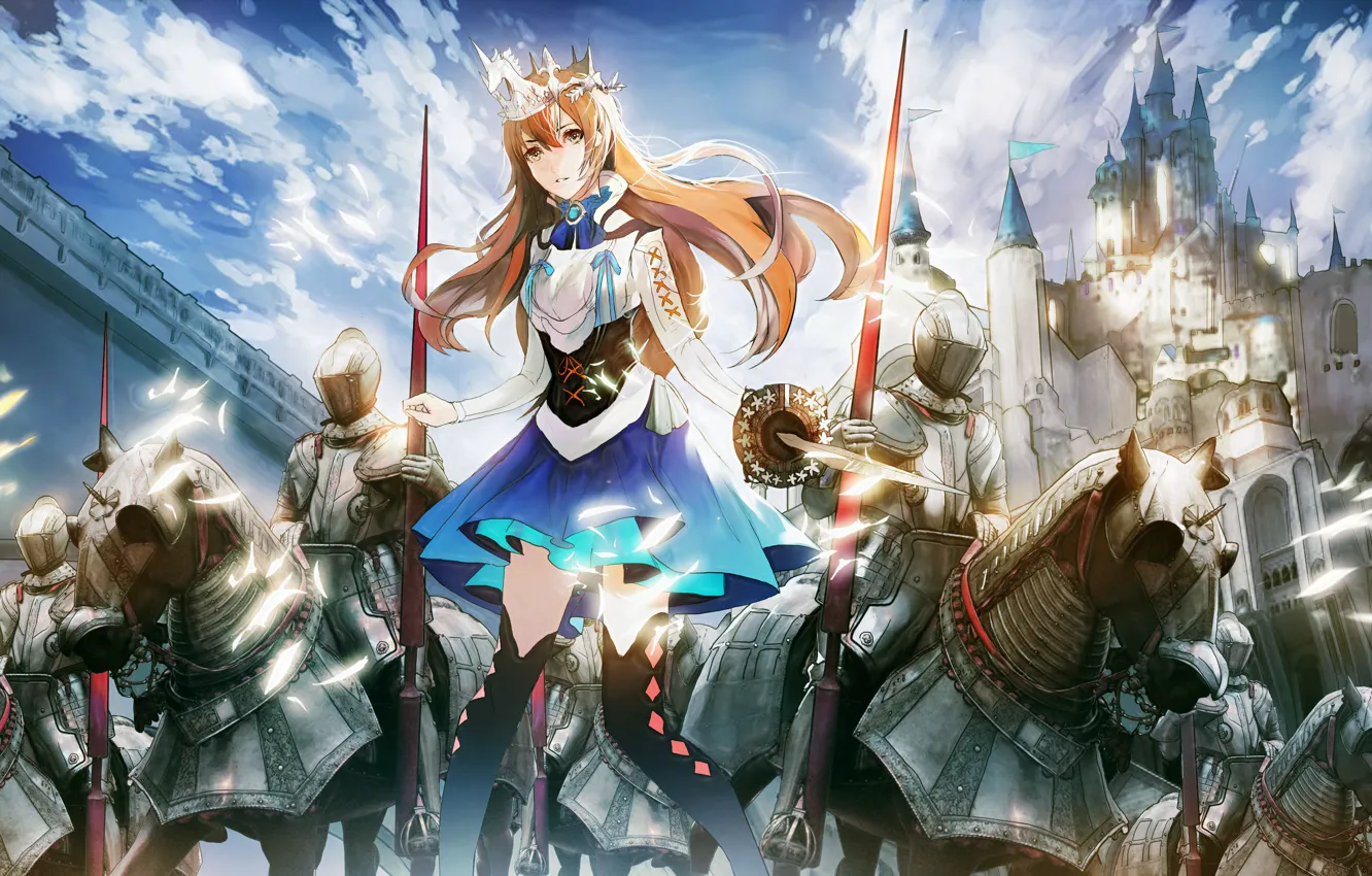Фото обои небо, девушка, облака, оружие, замок, меч, доспехи, аниме, корона, арт, рыцари, yong kit lam