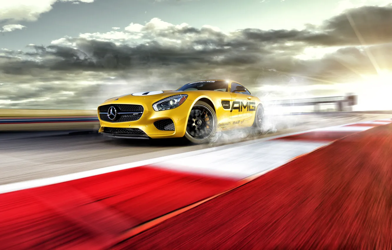 Фото обои Mercedes-Benz, Race, AMG, Yellow, Smoke, Track, Drifting, GT S