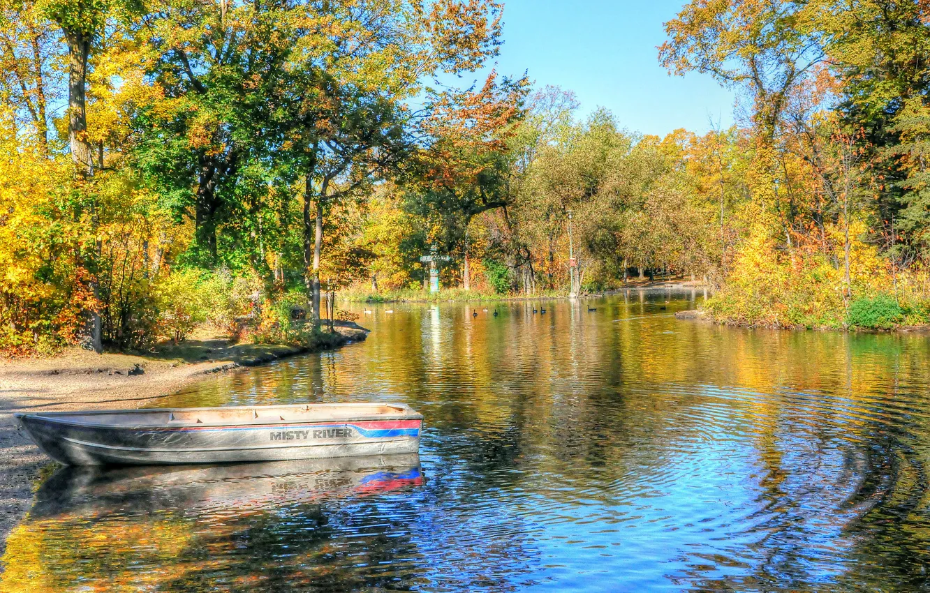 Фото обои осень, деревья, пейзаж, озеро, парк, лодка