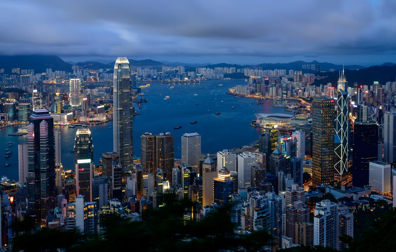 Фото обои город, Гонконг, утро, Hong Kong, облачно