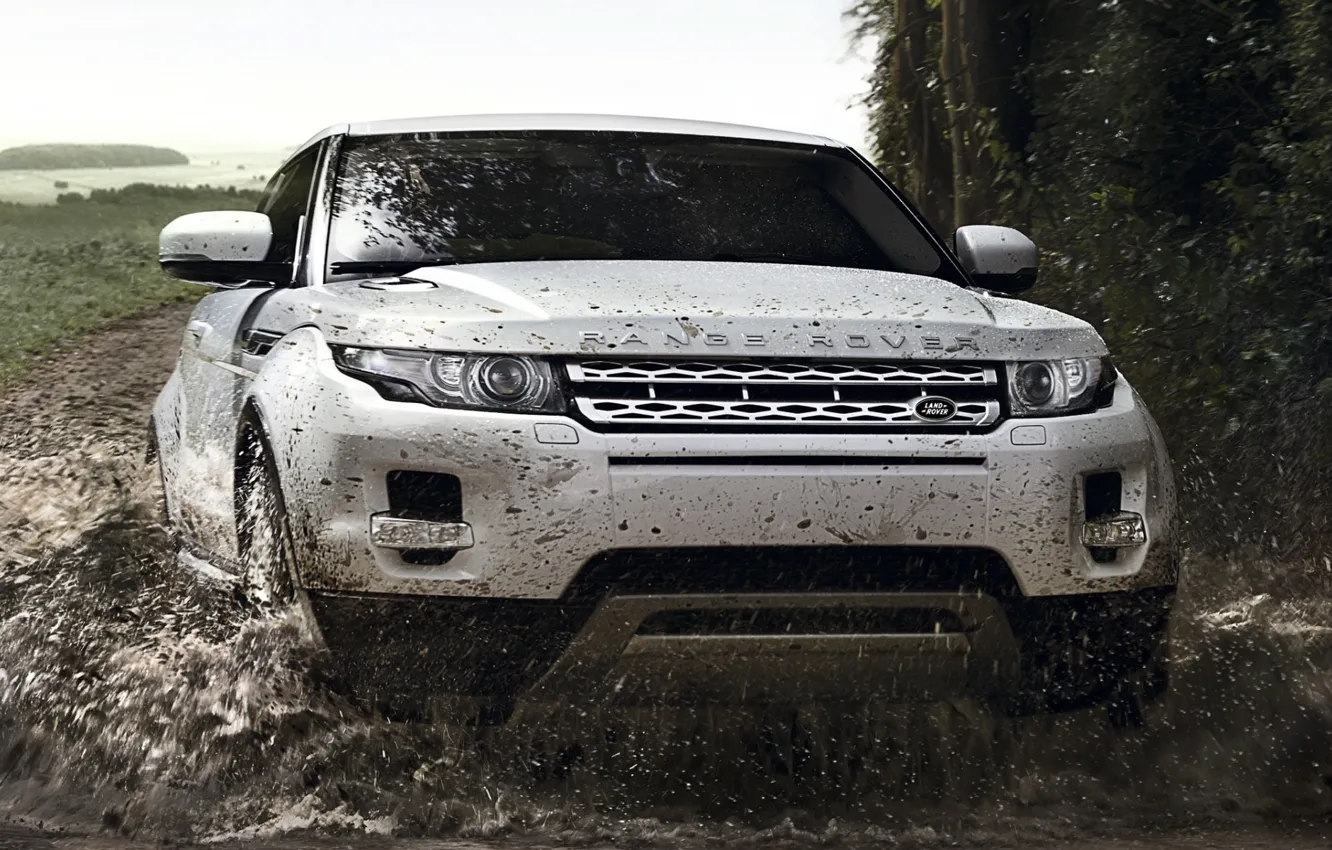 Фото обои дорога, белый, брызги, фон, купе, грязь, джип, Land Rover, Range Rover, Coupe, передок, Evoque, кроссовер, …