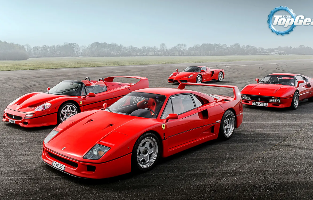 Фото обои Top Gear, Ferrari, Red, F40, Sky, Grass, Enzo, Front, Supercars, Track, Italian, F50, 288 GTO