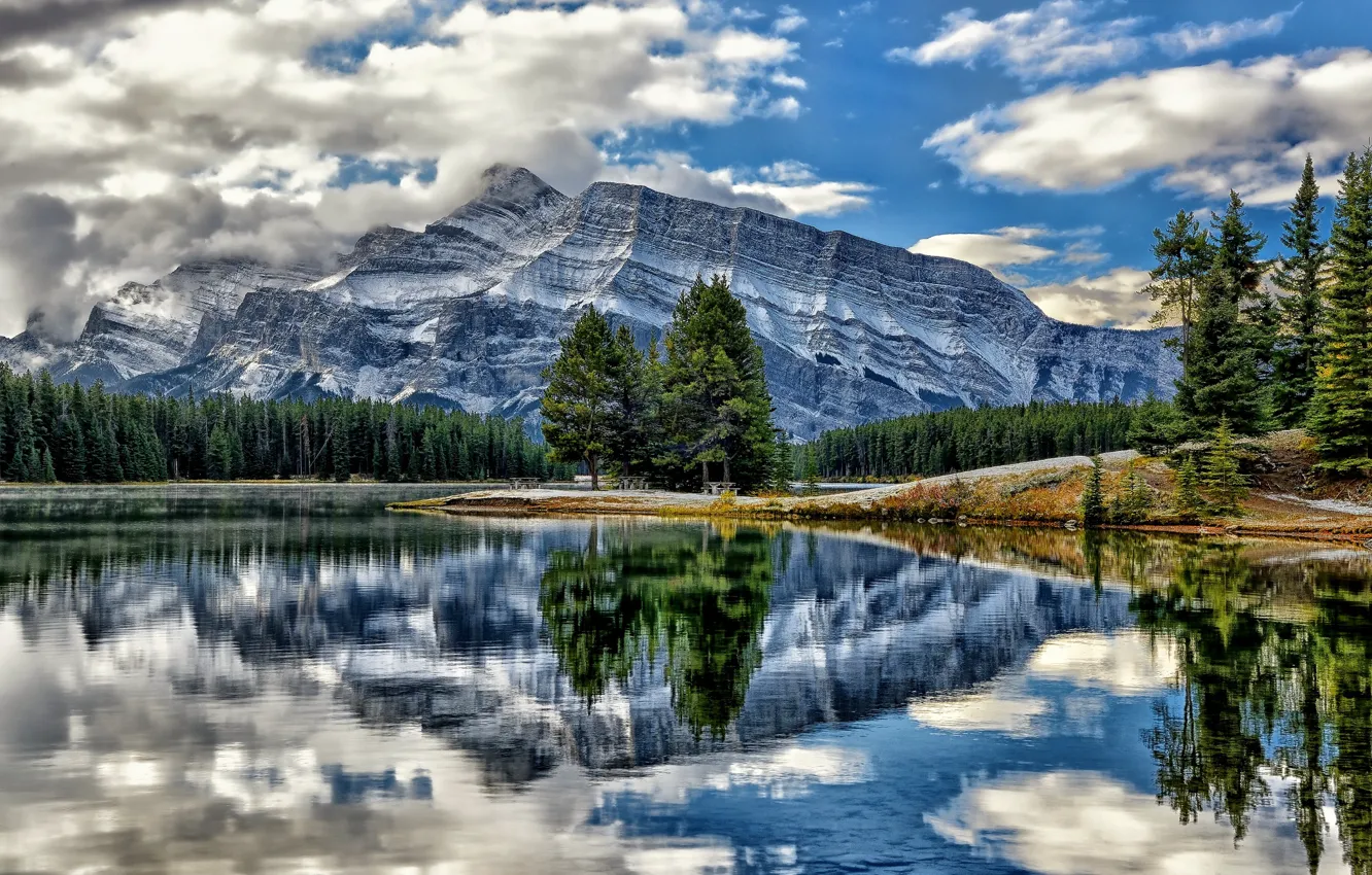 Обои деревья, горы, озеро, отражение, Канада, Альберта, Banff National ... Канада Обои
