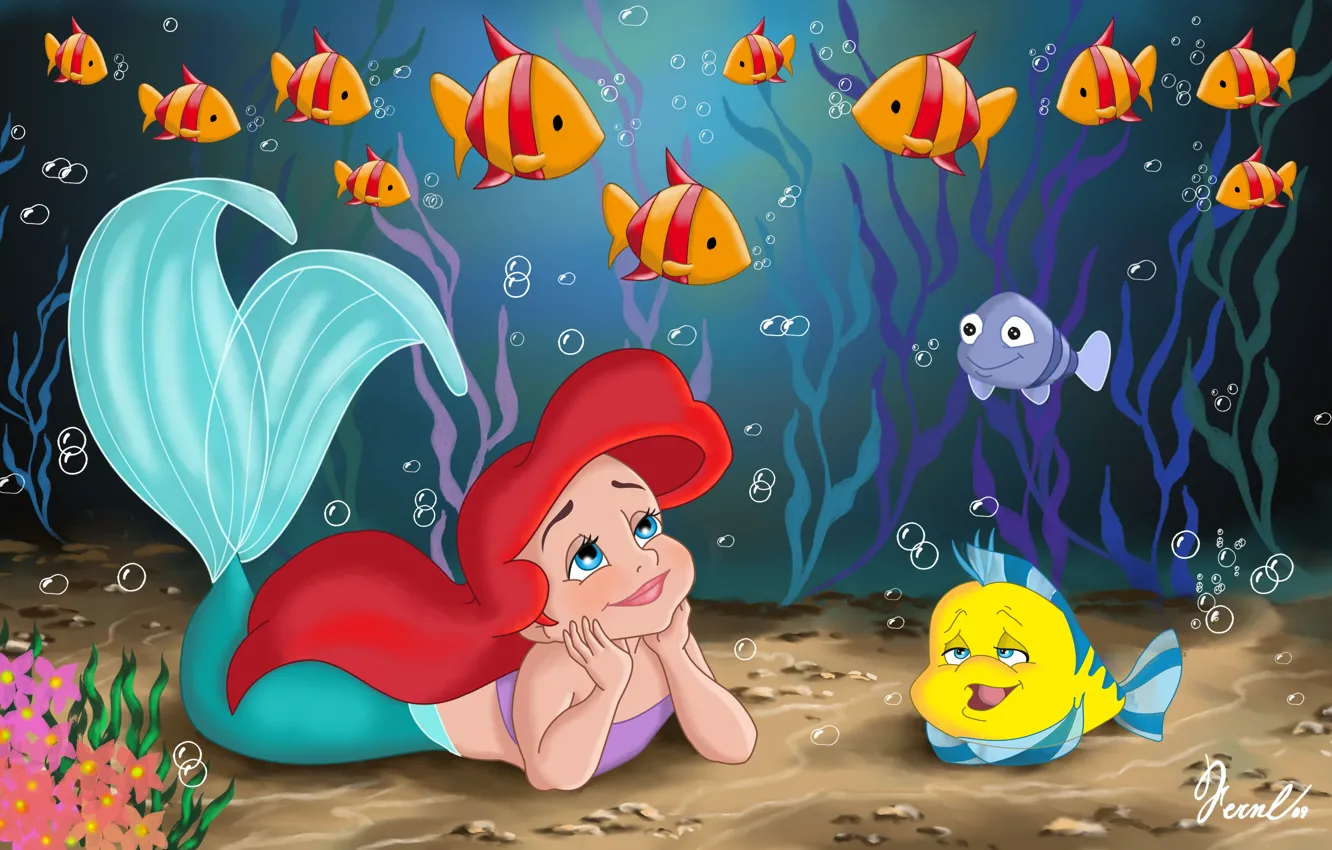 Фото обои море, рыбки, водоросли, детство, мультфильм, русалка, сказка, прелесть, принцесса, ребёнок, sea, Ariel, Ариэль, movie, фанарт, …