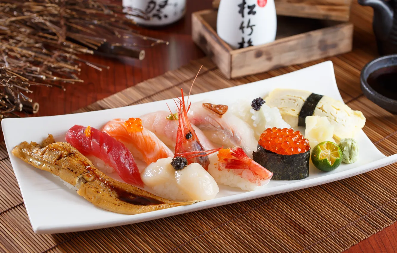 Фото обои рыба, лайм, рис, икра, суши, креветки, морепродукты