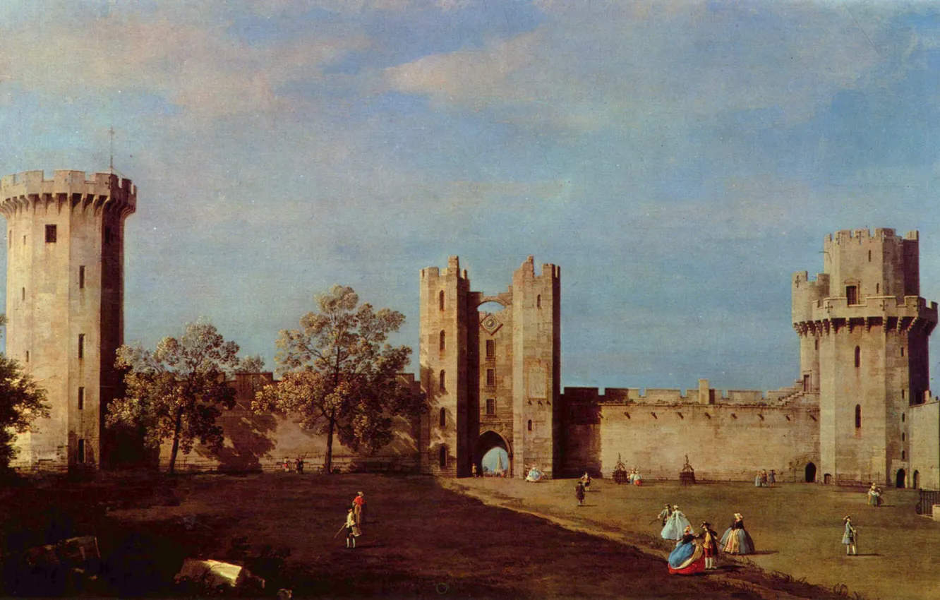 Фото обои пейзаж, люди, замок, англия, картина, антонио каналь, антонио каналетто, внутренний двор замка уорвик