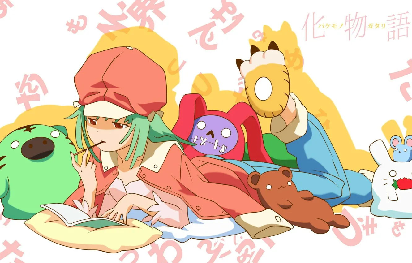 Фото обои иероглифы, подушка, кепка, пижама, bakemonogatari, плюшевые игрушки, sengoku nadeko, истории чудовищ