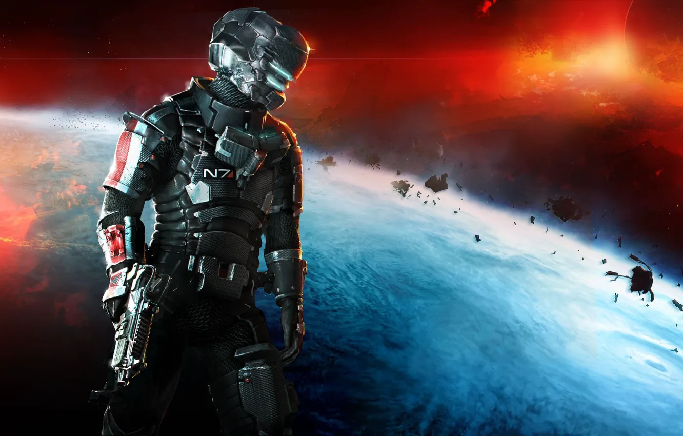 Фото обои космос, оружие, планета, Айзек Кларк, Mass Effect 3, Electronic Arts, DLC, Dead Space 3, Isaac …